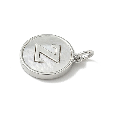 Brass Pave Natural Shell Flat Round with Letter Charms KK-Z115-13P-Z-1