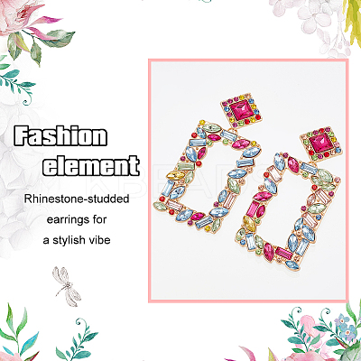 3 Pairs 3 Colors Rhinestone Hollow Out Rectangle Dangle Stud Earrings EJEW-FI0001-12-1