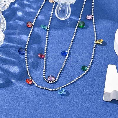 304 Stainless Steel Ball Chain Colorful Cubic Zirconia Flat Round Tassel Double Layer Necklaces for Women LS-NJEW-A051-05P-1