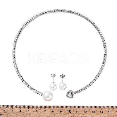 Round Plastic Imitation Pearl Stud Earrings & Rhinestone Cuff Choker Necklaces Sets SJEW-U003-11P-1