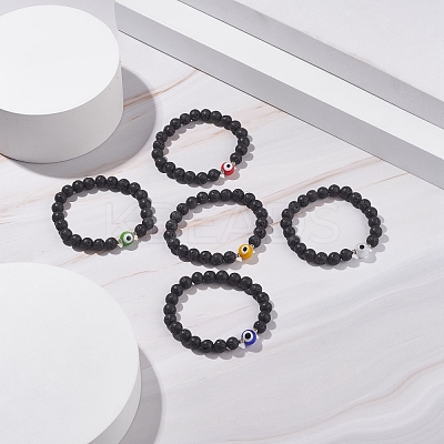 Natural Lava Rock Round Beaded Stretch Bracelet with Evil Eye Lampwork BJEW-JB07838-1