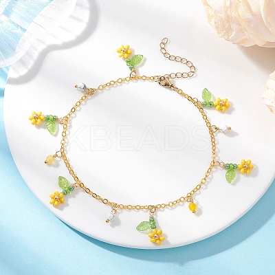 Faceted Round Natural Howlite & Glass Seed Beaded Flower Tassel Brass Cable Chain Anklets for Women AJEW-MZ00007-01-1