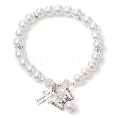 Alloy & Pearlized Glass Pearl Beads Stretch Bracelets for Women BJEW-JB11364-01-1