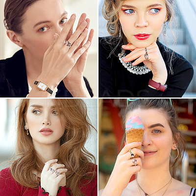 7Pcs 7 Style Rhinestone Heart & Star & Half Round Open Cuff Rings Set with Cat Eye Beaded RJEW-TA0001-03-1