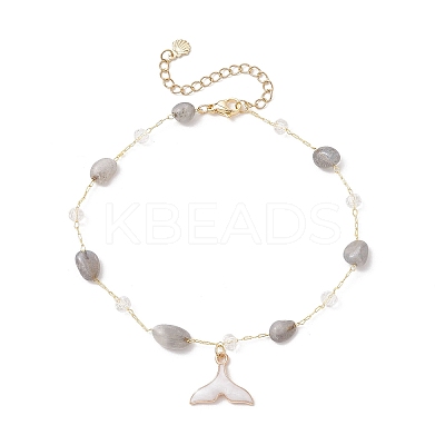 Brass Handmade Natural Labradorite Nuggets Link Chain Alloy Enamel Whale Tail Pendant Anklets for Women AJEW-AN00709-02-1