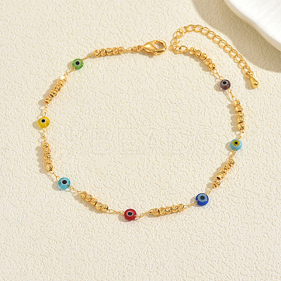 Bohemian Brass Round Beaded & Resin Link Chain Anklets for Summer Vacation BD6546-2-1