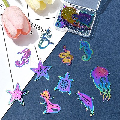 20Pcs 10 Styles Ion Plating(IP) 201 Stainless Steel Etched Metal Embellishments Pendants STAS-FS0001-52-1