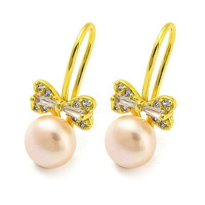 Cubic Zirconia Bowknot Dangle Earrings with Natural Pearl EJEW-Z020-01G-1