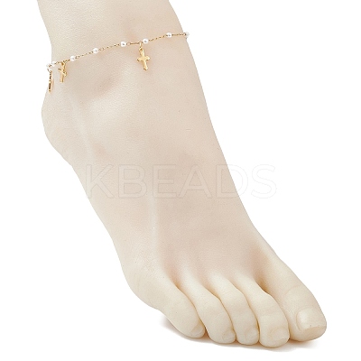 Round ABS Imitation Pearl Beads & 304 Stainless Steel Link Chain Tassel Anklets for Women AJEW-AN00738-02-1