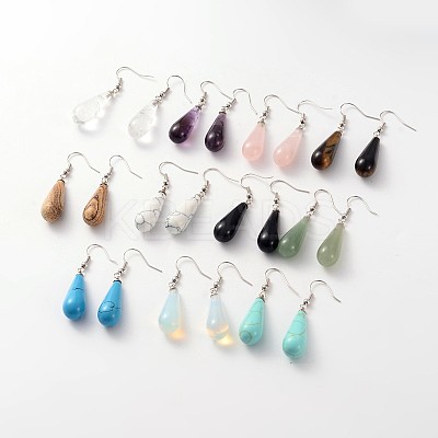 Teardrop Platinum Tone Brass Natural & Synthetic Mixed Stone Dangle Earrings EJEW-M058-M-1