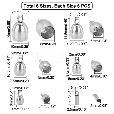 36Pcs 6 Style 304 Stainless Steel Cord Ends STAS-UN0021-11P-1