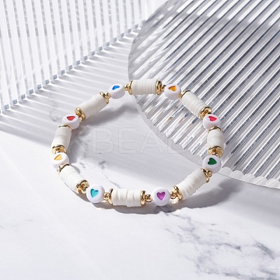 Heart Pattern Heishi Beads Stretch Bracelet for Women BJEW-JB07216-1