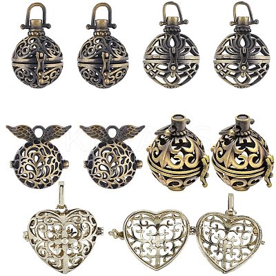 10Pcs 5 Styles Filigree Brass Cage Pendants KK-SC0003-77A-1