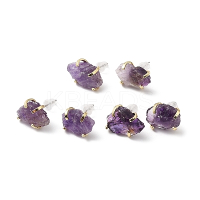 Raw Rough Natural Amethyst Stud Earrings EJEW-R148-01LG-01-1
