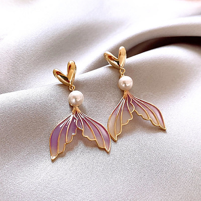 Fishtail Alloy Plastic Pearl Dangle Stud Earrings FS-WG851AA-01-1