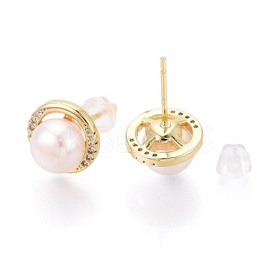 Half Round Brass Micro Pave Clear Cubic Zirconia Stud Earrings PEAR-N017-07I-1