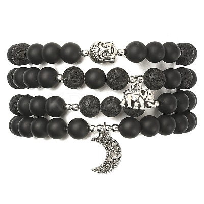 4Pcs 4 Style Natural Lava Rock & Black Agate & Hematite Beaded Stretch Bracelets Set BJEW-JB09508-1