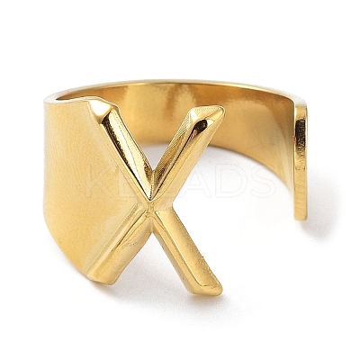 Real 18K Gold Plated 304 Stainless Steel Initial Letter Open Cuff Rings RJEW-L109-007G-X-1