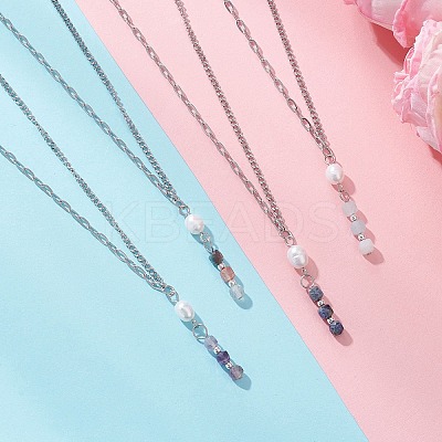 Natural & Synthetic Mixed Stone Faceted Cube & Rice Natural Pearl Beaded Pendant 304 Stainless Steel Cable Chain Twisted Chain Necklaces NJEW-JN05846-1