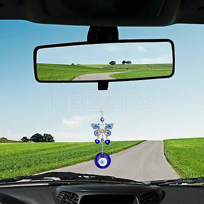 Blue Evil Eye with Butterfly Car Hanging Decoration Ornament HJEW-WH0043-34-1