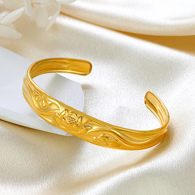 12MM 304 Stainless Steel Lotus Flower Cuff Bangles for Women BJEW-P359-01G-1