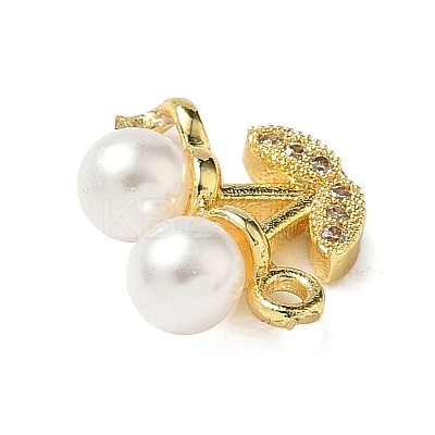 Brass Micro Pave Cubic Zirconia & ABS Plastic Imitation Pearl White Cherry Connector Charms KK-I276-56G-01-1