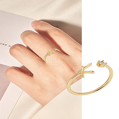 1Pc Letter Brass Rhinestone Open Cuff Rings for Women AJEW-LP0004-47K-G-1