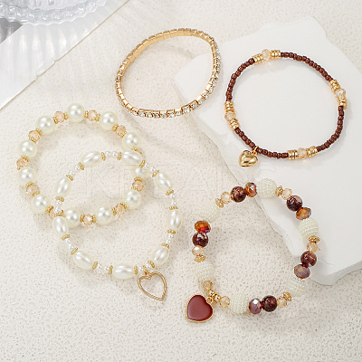 5Pcs 5 Styles Crystal Rhinestone & Plastic Pearl & Glass Beads Stretch Bracelets FS-WG170EC-01-1