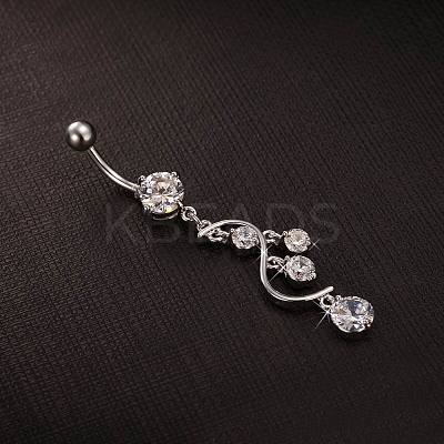 Piercing Jewelry Real Platinum Plated Brass Rhinestone S Shape Navel Ring Belly Rings AJEW-EE0001-54A-1