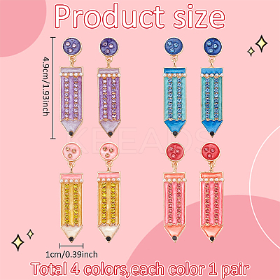 4 Pairs 4 Colors Alloy Enamel Pencil Dangle Stud Earrings for Teachers' Day EJEW-AN0004-86-1