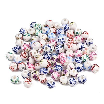 Printed Floral Printed Porcelain Beads PORC-T137-01C-1
