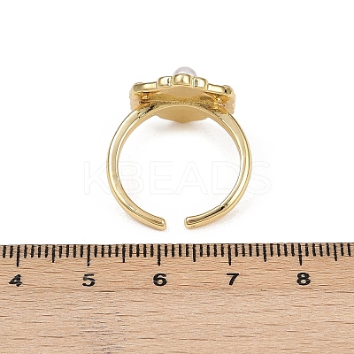 Brass Pearl Pink Enamel Flower Cuff Rings RJEW-C139-18A-G-1