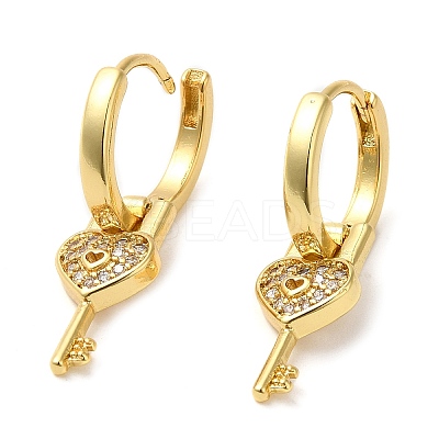 Brass with Cubic Zirconia Heart Key Dangle Hoop Earrings KK-Z033-31G-1