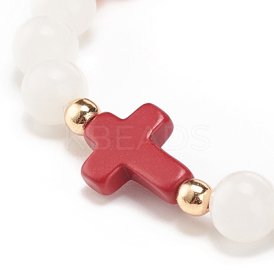 Natural White Jade & Synthetic Turquoise(Dyed) Stretch Bracelet with Cross BJEW-JB08295-04-1