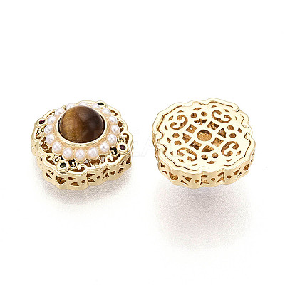Brass Colorful Cubic Zirconia & Natural Tiger Eye Rhombus Beads KK-N258-13G-1