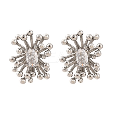 Flower Brass Clear Cubic Zirconia Stud Earrings EJEW-R025-22P-1