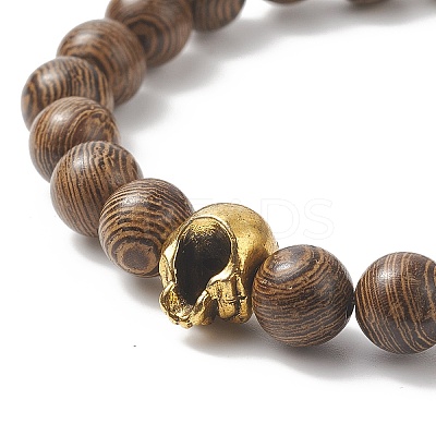 Natural Wenge Wood & Alloy Skull Beaded Stretch Bracelet for Women BJEW-JB09146-1