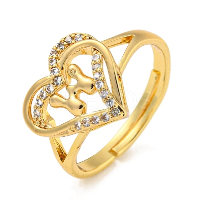 Heart with Letter Rack Plating Brass Micro Pave Clear Cubic Zirconia Adjustable Rings for Women RJEW-I105-01G-W-1