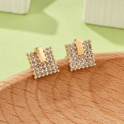 Square Brass Micro Pave Clear Cubic Zirconia Stud Earrings for Women EJEW-G428-12G-02-1