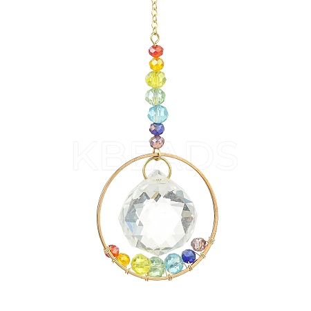 7 Chakra Glass & Brass Ring Suncatcher with Clear Round Charm HJEW-JM04940-1