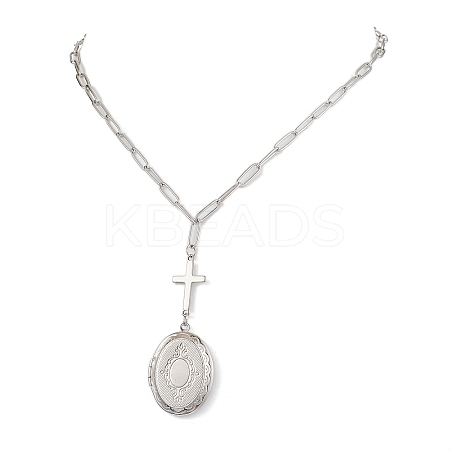 Brass Cross & Oval Locket Pendant Necklaces NJEW-JN04960-1