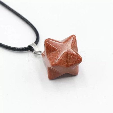 Synthetic Goldstone Geometric Hexagram Star Pendant Necklaces with Black Cords VZ1120-12-1