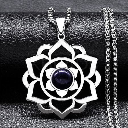 Chakra Lotus Flower 201 Stainless Steel Pave Synthetic Blue Goldstone Pendant Necklaces for Women LS-NJEW-K283-26P-1