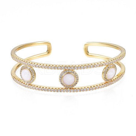 Enamel Flat Round Open Cuff Bangle with Clear Cubic Zirconia BJEW-N012-026-1