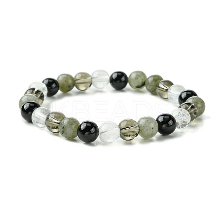 Synthetic Smoky Quartz & Labradorite & Quartz Crystal & Obsidian Round Beaded Stretch Bracelets BJEW-JB10910-11-1