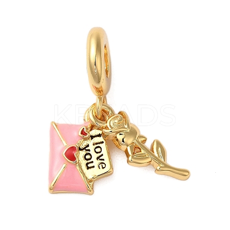 Rack Plating Brass Pink Enamel European Dangle Charms KK-P279-42G-1