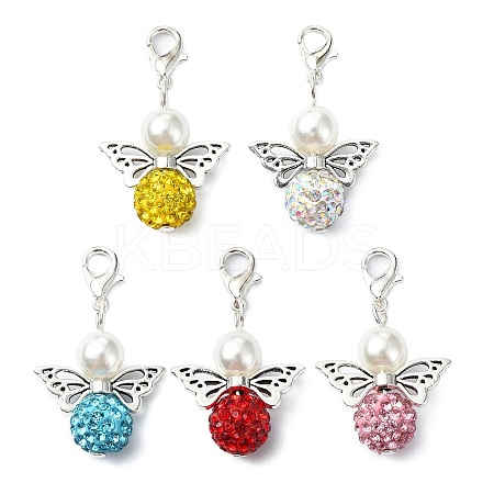 5Pcs 5 Colors Polymer Clay & Glass Pearl & Alloy Angel Pendant Decoration HJEW-JM02633-1