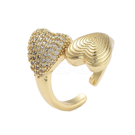 Rack Plating Heart Brass Micro Pave Cubic Zirconia Open Cuff Rings for Women RJEW-B064-08G-1