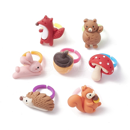 7Pcs 7 Style 3D Animals Resin Open Cuff Rings Set for Kids RJEW-JR00651-1