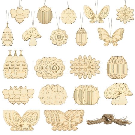60Pcs 10 Style Spring theme Butterfly/Ladybird/Flower Unfinished Wood Pieces DIY-CJC0012-01-1